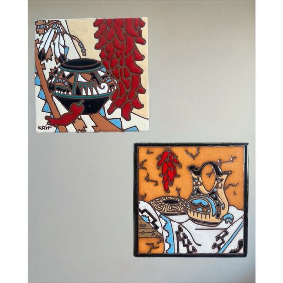 Vintage Earthtones Southwestern Art 6” Tiles Set 1990s Hand painted KRIT - Picture 1 of 11